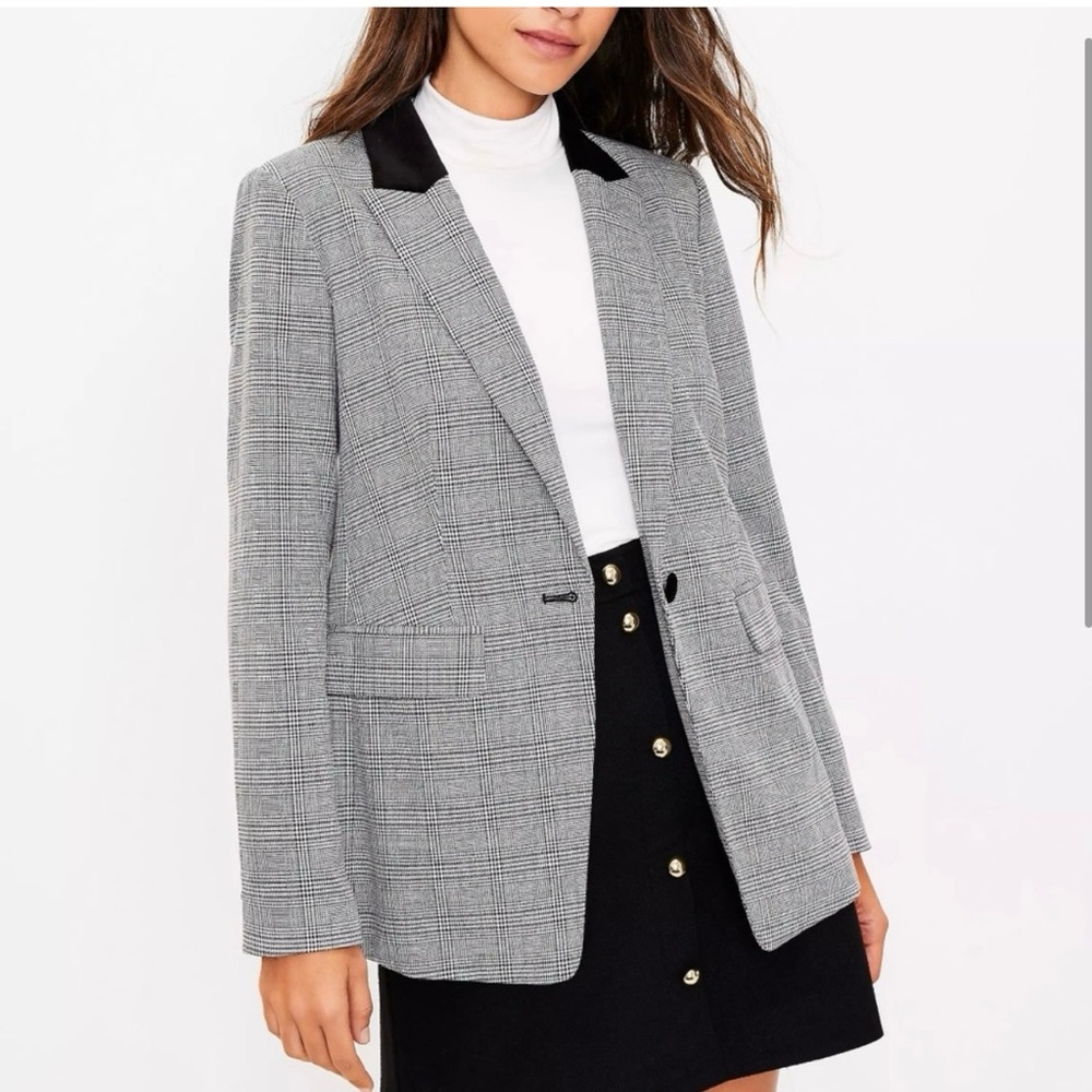 LOFT Black Plaid Velvet Collar Blazer Size 10